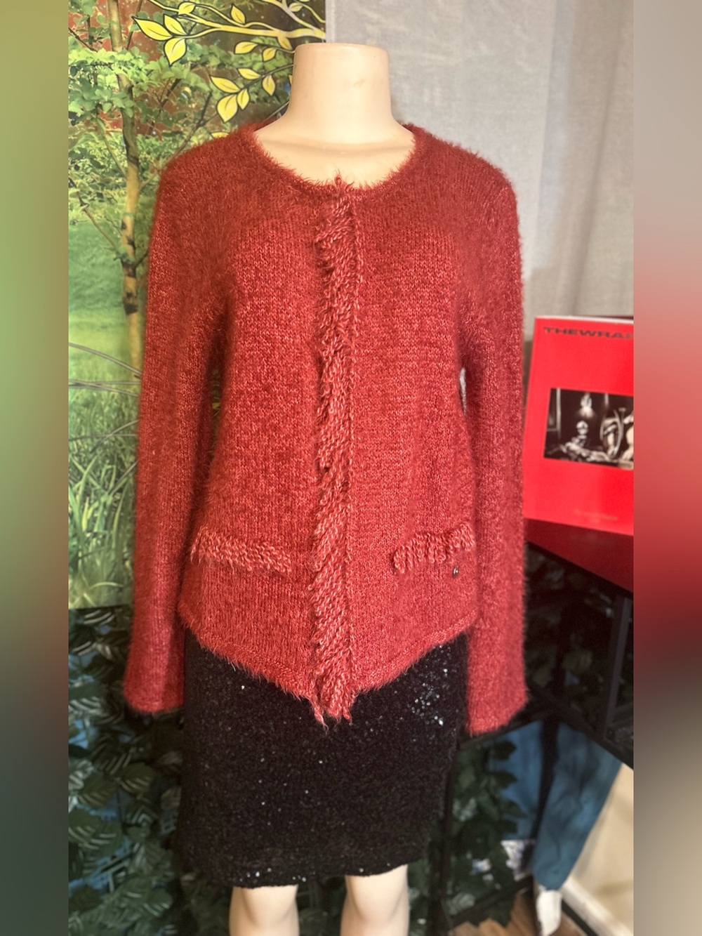 Women's Red Alpaca/Wool Fringe Textured Open-Front Sweater NWT’s